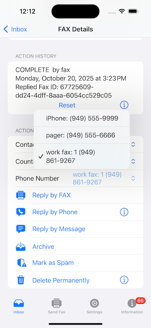 Fax Echo Choose Number Screen