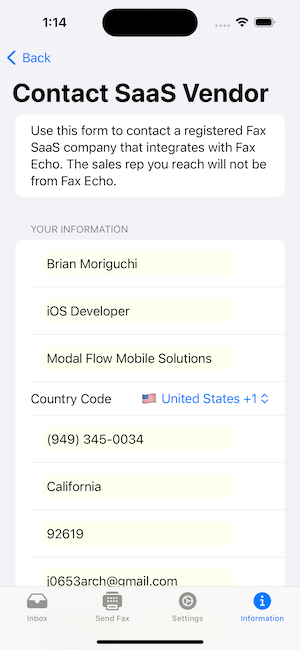 Contact Vendor Screen