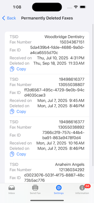 Fax Echo Deleted Faxes Screen
