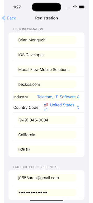 Fax Echo Registration Screen