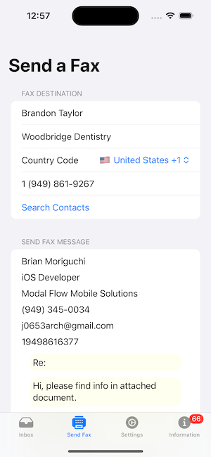 Fax Echo Send Fax Screen