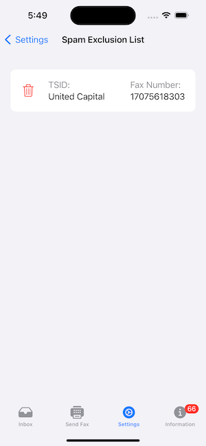 Fax Echo Spam Exclusion List Screen